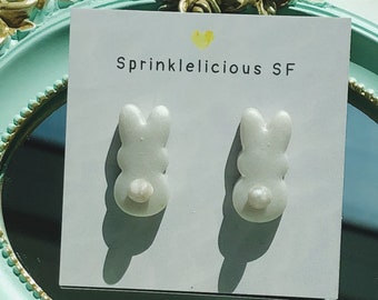 Pearl White Bunny Studs, Earrings, Polymer Clay Stud Earrings, Bunny Earrings, Bunny Studs, Cute for All Occasions