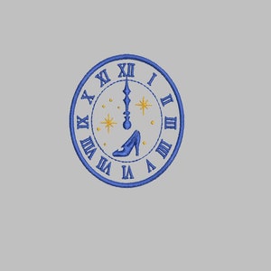 May include: A blue clock face with Roman numerals and a glass slipper in the center. The clock face has a gold hand and stars.