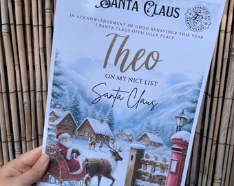 May include: A white certificate with a winter scene and a red mailbox. The certificate reads "From the desk of Santa Claus. In acknowledgement of good behaviour this year I Santa Claus officially place Theo on my nice list. Santa Claus."