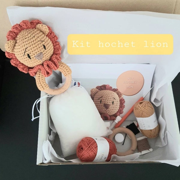 Kit crochet hochet lion, kit diy crochet amigurumi,  kit amigurumi