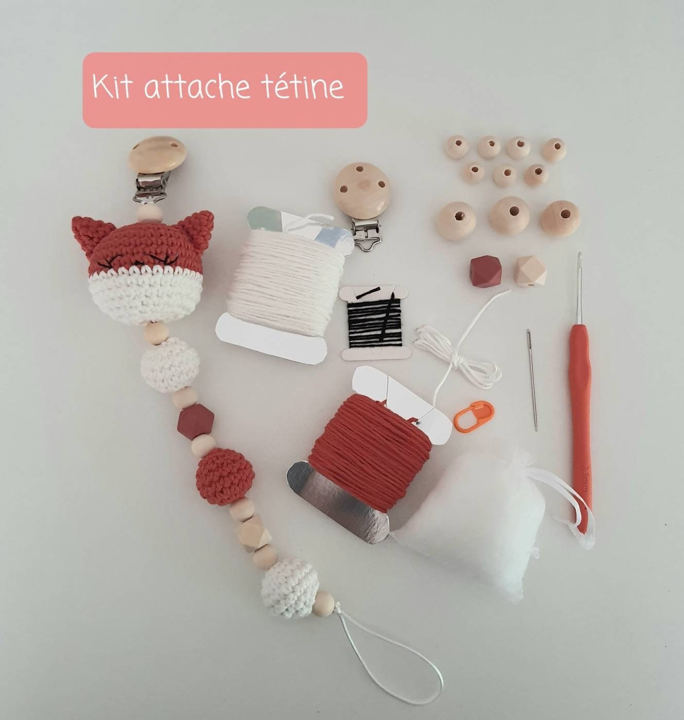 Kit attache tétine crochet renard, kit diy crochet renard, attache tétine  crochet renard -  France
