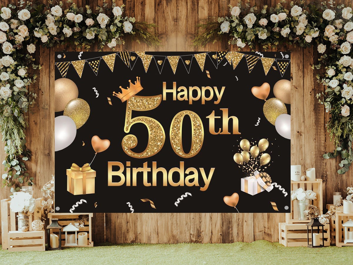 50th Happy Birthday Backdrop 7x5 Feet Black And Gold Birthday Etsy