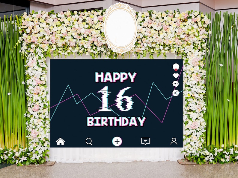 Happy 16 Birthday Banner,Custom TikTok Birhday Party Signs and Birthday Backdrop Party Supplies Tik Tok Birthday Party Decorations