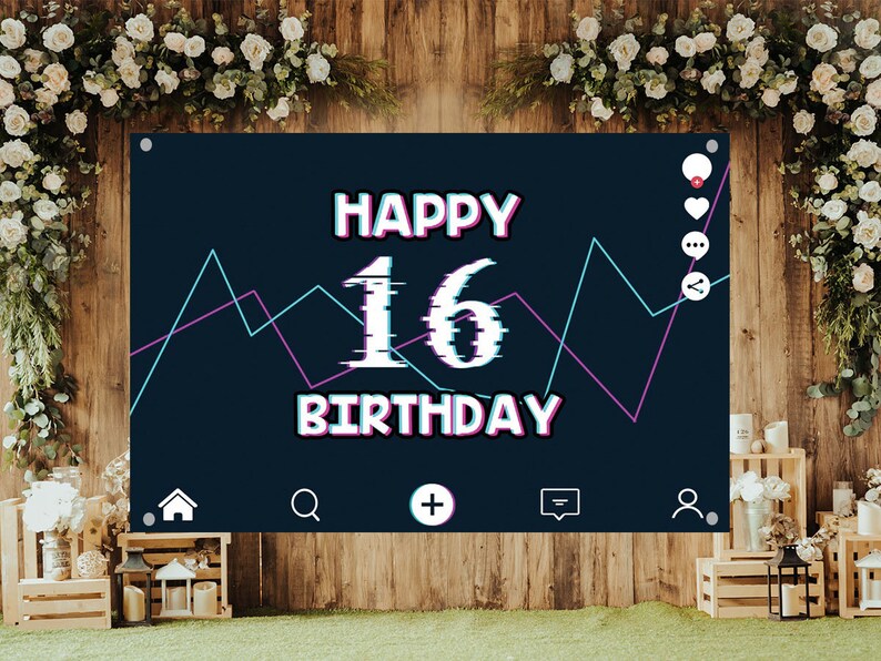 Happy 16 Birthday Banner,Custom TikTok Birhday Party Signs and Birthday Backdrop Party Supplies Tik Tok Birthday Party Decorations