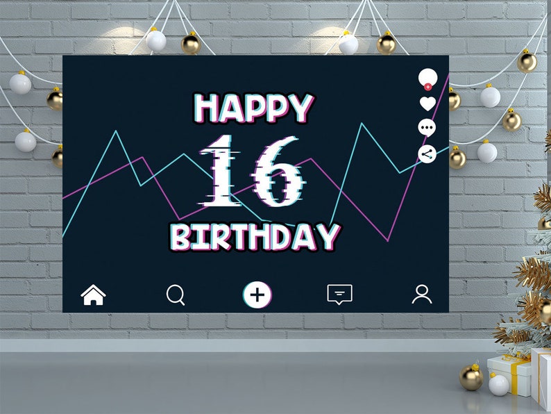 Happy 16 Birthday Banner,Custom TikTok Birhday Party Signs and Birthday Backdrop Party Supplies Tik Tok Birthday Party Decorations