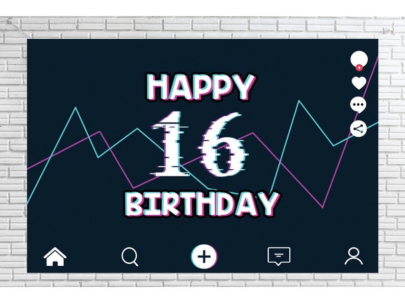 Happy 16 Birthday Banner,Custom TikTok Birhday Party Signs and Birthday Backdrop Party Supplies Tik Tok Birthday Party Decorations