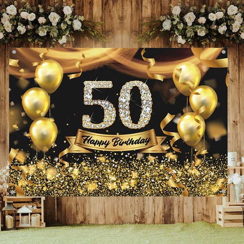 Happy 50th Birthday Backdrop Glitter Gold Balloons Photography - Etsy