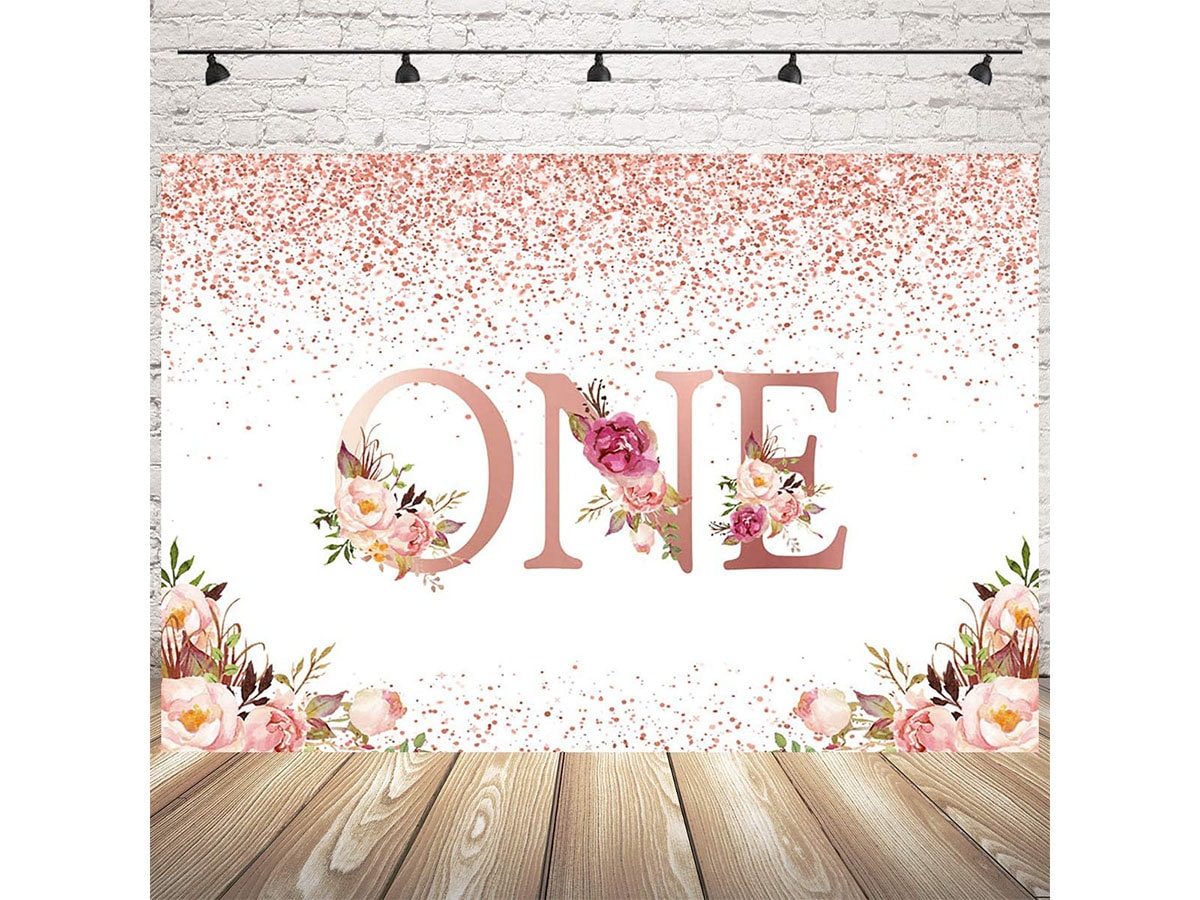 LB 7x5ft 1st Birthday Party Backdrop for Girls Cute Pink Footprint Floral Decor Photography Background Photo Props Girls First Birthday Party Decorations