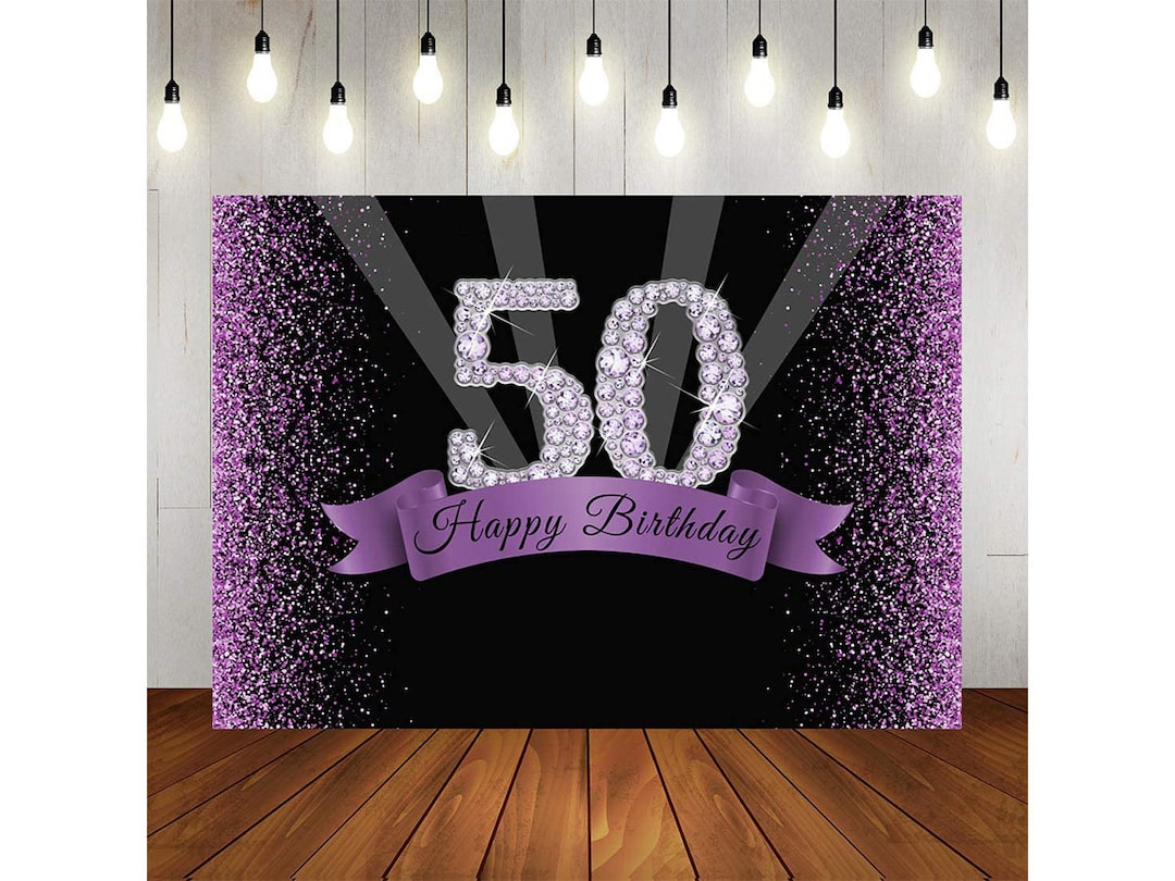 Happy 50th Birthday Party Backdrop Glitter Purple And Black Etsy