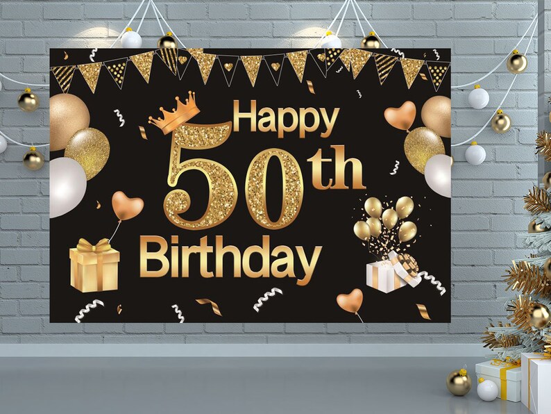 50th Happy Birthday Backdrop 7x5 feet Black and Gold ...