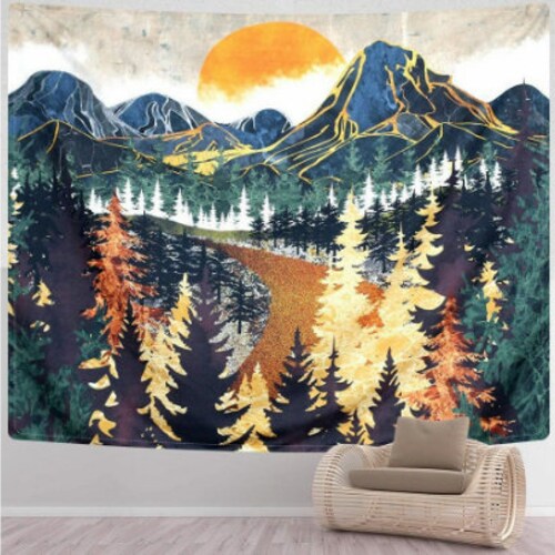 Mountain Tapestry Wall Hanging Forest Trees Art Tapestry Etsy