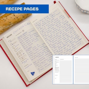 Puede incluir: Un libro de recetas abierto con una cubierta roja y p&aacute;ginas blancas. El libro est&aacute; abierto en una p&aacute;gina con una receta de pollo al curry escrita a mano. La receta incluye una lista de ingredientes e instrucciones. El libro est&aacute; sobre una mesa con una barra de pan y un huevo.