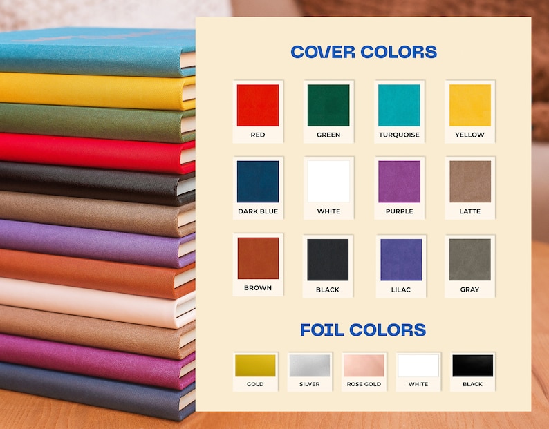 Puede incluir: Una pila de cuadernos con cubiertas de diferentes colores, incluyendo rojo, verde, turquesa, amarillo, azul oscuro, blanco, morado, latte, marr&oacute;n, negro, lila y gris. El texto "COVER COLORS" est&aacute; por encima de las muestras de color. Debajo de la pila de cuadernos, el texto "FOIL COLORS" con muestras de color para oro, plata, oro rosa, blanco y negro.