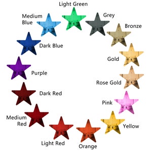 May include: A color chart of 12 star-shaped stickers with different colors, including light green, medium blue, grey, bronze, dark blue, gold, purple, dark red, rose gold, light red, orange, pink, and yellow.