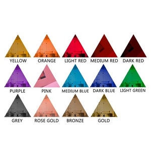 May include: A chart of 12 triangular shapes, each filled with a different color, including yellow, orange, light red, medium red, dark red, purple, pink, medium blue, dark blue, light green, grey, rose gold, bronze, and gold. Each shape has the color name written below it.