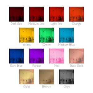 May include: A grid of color swatches, each with a different hue and labeled with its name. Colors include dark red, medium red, light red, orange, yellow, green, medium blue, dark blue, purple, pink, rose gold, gold, bronze, and grey.