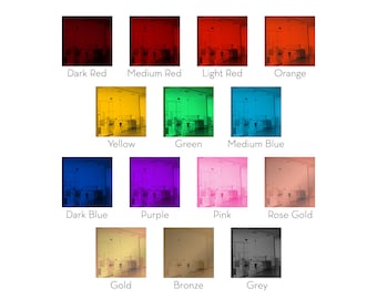 May include: A grid of color swatches, each with a different hue and labeled with its name. Colors include dark red, medium red, light red, orange, yellow, green, medium blue, dark blue, purple, pink, rose gold, gold, bronze, and grey.