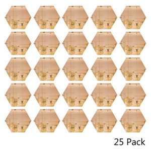 May include: A pack of 25 hexagonal gold mirror tiles. Each tile features a blurred image of an office interior with desks and chairs.