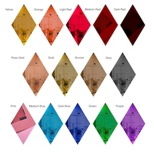 May include: A color chart with 15 diamond-shaped swatches showing different colors, including yellow, orange, red, rose gold, gold, bronze, gray, pink, blue, green, and purple.