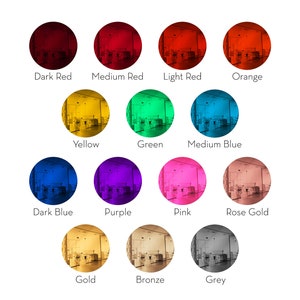 May include: A color chart with 12 different colors, including dark red, medium red, light red, orange, yellow, green, medium blue, dark blue, purple, pink, rose gold, gold, bronze, and grey.