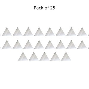 May include: A pack of 25 silver triangle stickers. The stickers are arranged in three rows, with 10 stickers in the top two rows and 5 stickers in the bottom row.