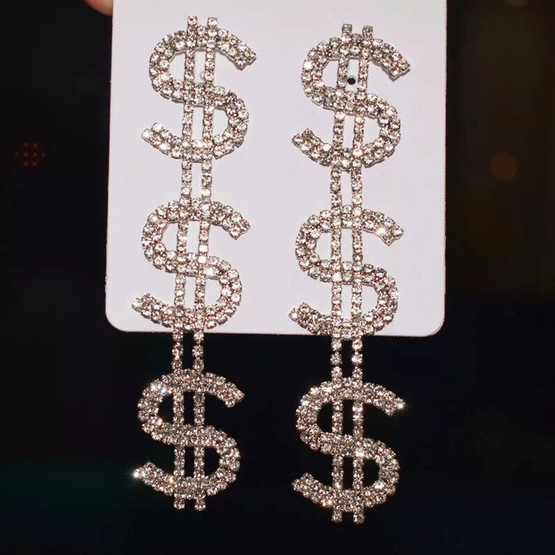 Dollar Sign Earrings Diamond Dollar Sign Drop Earrings Long Etsy