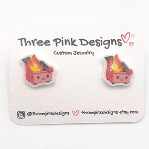 Cute Tiny Kawaii Pink Dumpster Fire Earrings, funny earrings, unique earrings, bad day earrings, hypoallergenic, novelty earrings