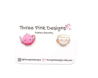 Cute Tiny Tea Pot Set Earrings, tea saucer earrings, coffee earrings, relaxing, herbal tea earrings, novelty earrings, English tea