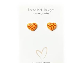 Cute Tiny Kawaii Heart Pizza Earrings, Foodie earrings, pepperoni pizza earrings, Fast food earrings, pizza party earrings, junk food stuff