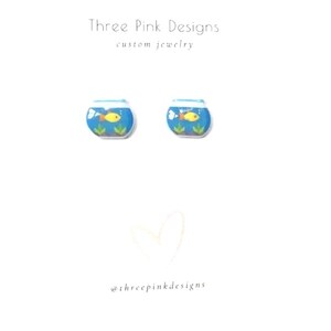 Cute Tiny Life in a Fish Bowl Earrings, fish earrings, goldfish earrings, pet earrings, unique earrings, handmade stud earrings