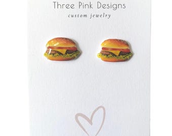 Cute Tiny Cheeseburger Handburger Earrings, Foodie earrings, cute burger earrings, Fast food earrings, teen earrings, junk food jewelry