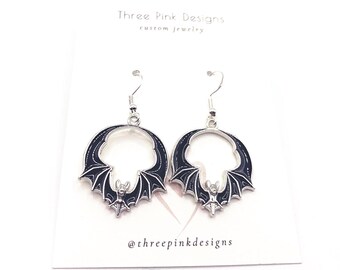 Bat Loop Drop Earrings, sterling silver plated, goth gift, bat earrings, spooky earrings, hypoallergenic, black bat, halloween