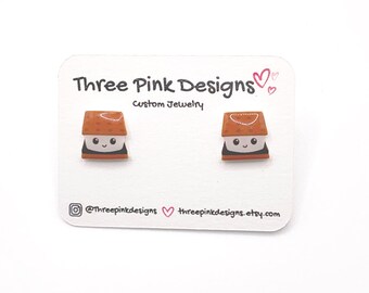 Cute Tiny Kawaii Smores Earrings, dessert earrings, smores camping earrings, girls scout, outdoors camping, marshmallow, chocolate