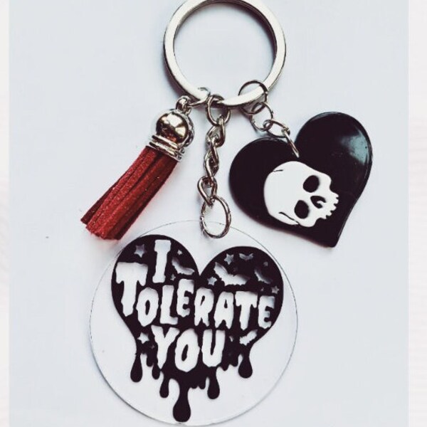 I Tolerate You charm keychain, teen gift, goth keychain, goth gift, skull keychain,  skull and hearts, anti social gift, introvert gift