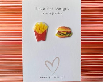 Cute Tiny Kawaii Hamburger French Fries Earrings, Foodie earrings, cheeseburger earrings, Fast food earrings, fries earrings, junk food