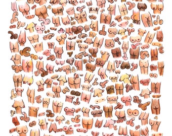 Boobs, bums and willies illustrated art print, great gift perfect for bathroom walls