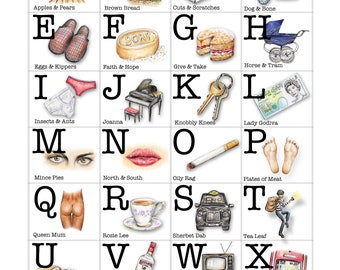 A-Z of Cockney Rhyming Slang Print. East End of London England Souvenir print for Londoners / lovers of language. Hand illustrated gift