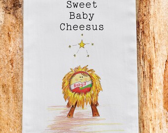 CHRISTMAS TEA TOWEL | Xmas Stocking Filler | Baby Cheesus Towel | Holiday Tea Towel | Cute Illustrated Cotton Tea Towel