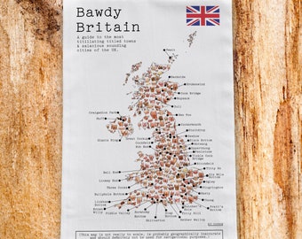 Rude Bawdy Britain Map Kitchen Tea Towel  - Illustrated - Rude, cheeky, funny, silly gift for friends unique unusual quirky birthday present