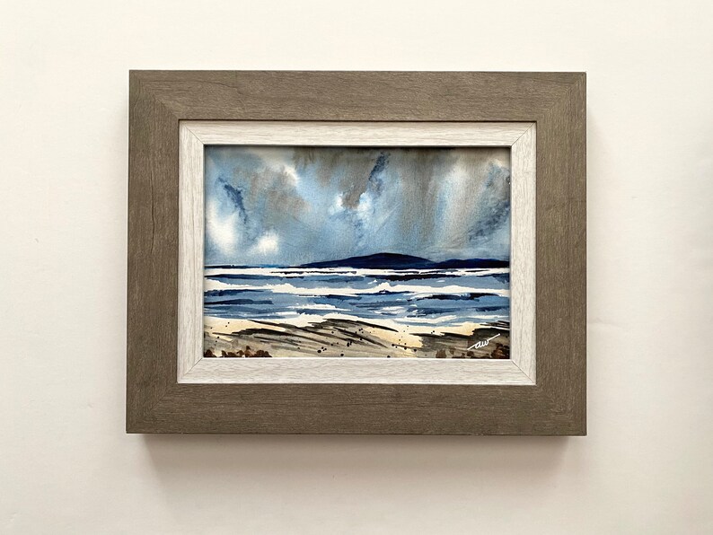 Watercolor Painting Coastal Scenery Sea Shore Beach Stormy Sea Nautical Home Decor 5 x 7 Ocean Office Decor