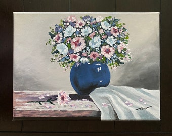 Floral Bouquet Acrylic Painting: Pink, White & Blue Flowers - 9x12 Canvas Art
