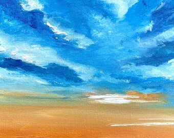 Abstract Skyscape Oil Painting, Textured Blue & Orange