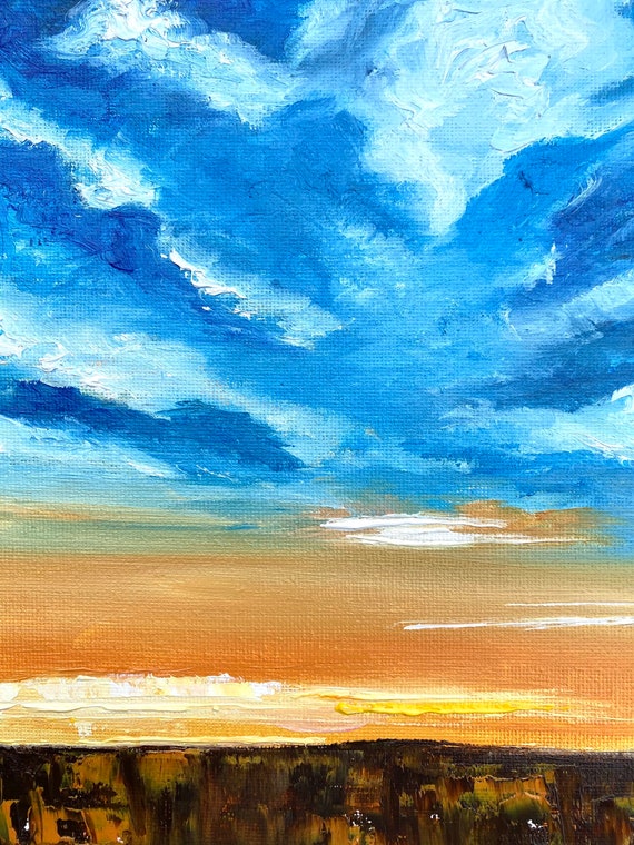Abstract Skyscape Oil Painting, Textured Blue & Orange
