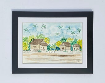 Huts Coconut Trees Watercolor Painting, Original, Wall Art, Home Decor, Office Decor, Gift, 5x7