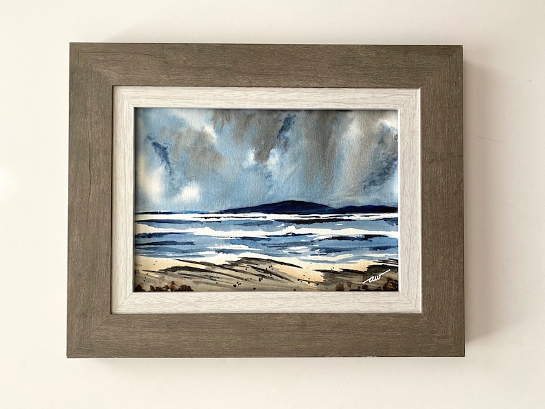 Watercolor Painting Coastal Scenery Sea Shore Beach Stormy Sea Nautical Home Decor 5 x 7 Ocean Office Decor