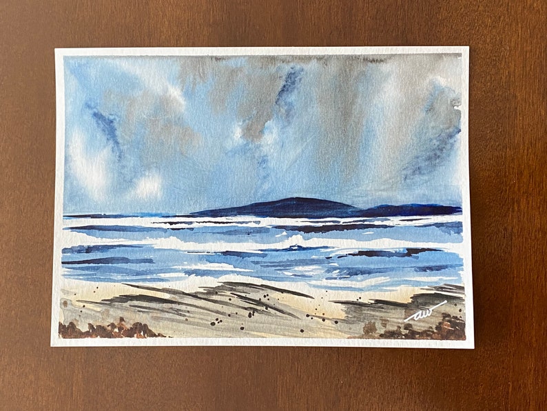 Watercolor Painting Coastal Scenery Sea Shore Beach Stormy Sea Nautical Home Decor 5 x 7 Ocean Office Decor