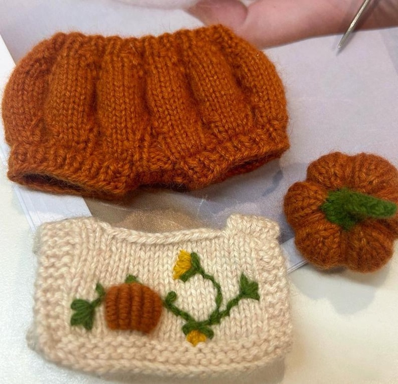 May include: Hand-knitted orange baby bloomers, a cream-colored sweater with a pumpkin and floral design, and a small pumpkin. The items are made of yarn and are likely for a baby or toddler, perfect for fall.