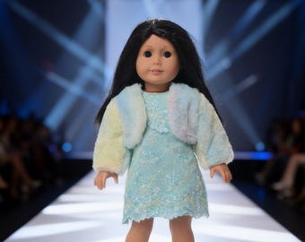 OOAK 18 Inch DollFaux Fur Coat  Embroidered Dress Floral Embroidery for 18" Doll