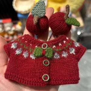 May include: A miniature red knitted sweater with a green bow and three gold buttons. Two knitted red apples with green leaves and brown stems are also visible. The sweater has a white and green pattern around the neckline.
