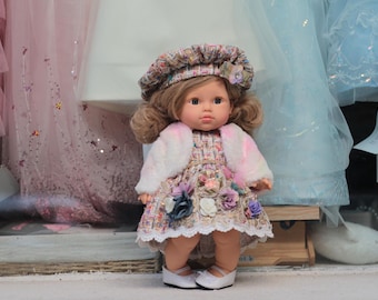 Miniland-poppenkleding: set jurk, bontjas en muts (34-38 cm)